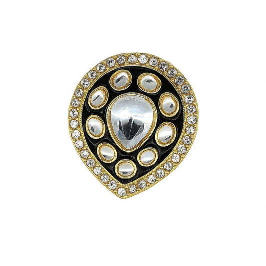 Black and gold kundan teardrop statement ring with crystal border