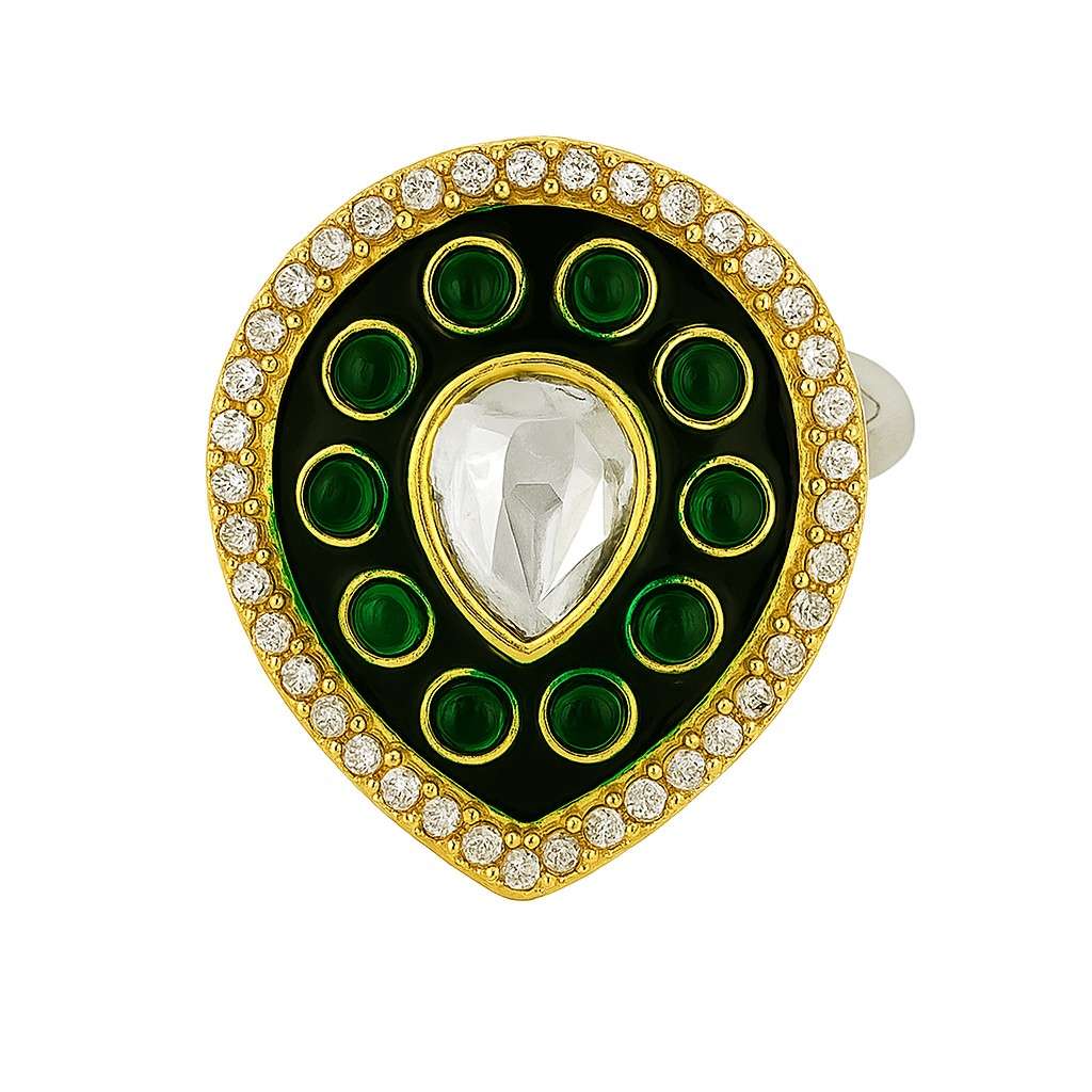 Green and gold kundan teardrop statement ring with crystal and enamel detailing
