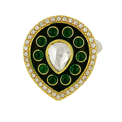 Green and gold kundan teardrop statement ring with crystal and enamel detailing