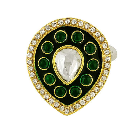 Green and gold kundan teardrop statement ring with crystal and enamel detailing