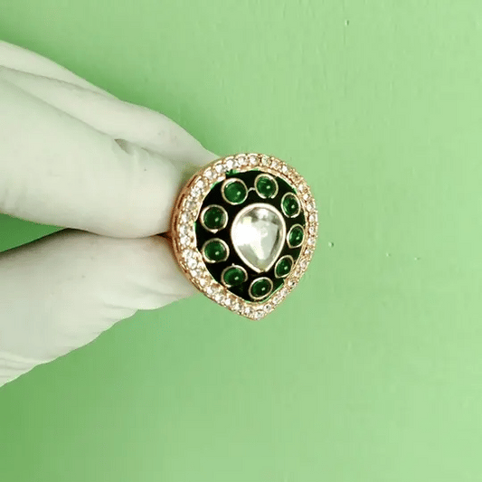 Royal Green Kundan Statement Ring | Handcrafted Adjustable Cocktail Ring