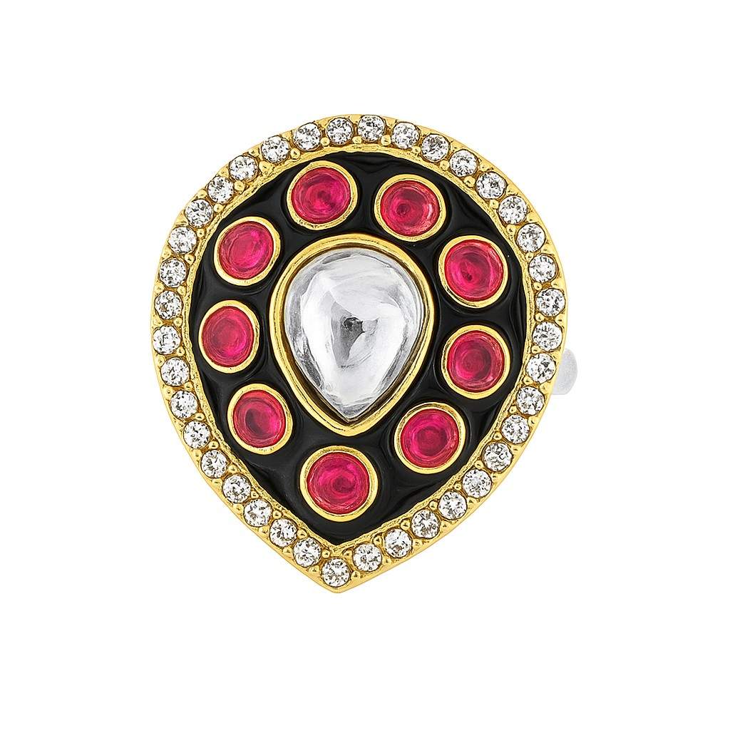 Red and gold kundan teardrop statement ring with crystal border and enamel work