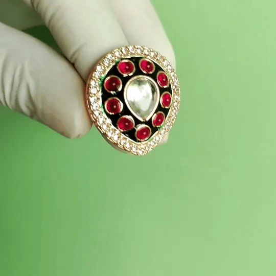 Royal Red Kundan Statement Ring | Handcrafted Adjustable Teardrop Ring