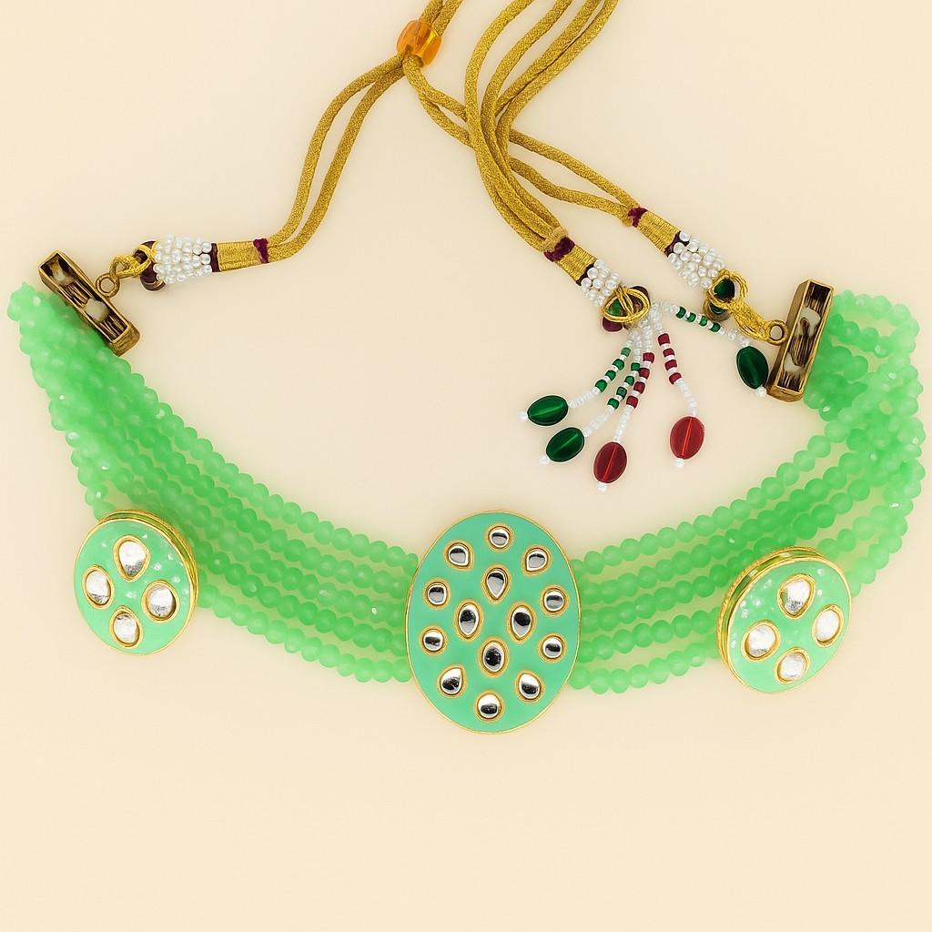 Mint green kundan choker necklace with multi-layer beads and golden detailing