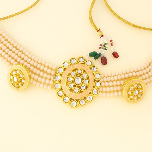 Pastel Pink Kundan Choker Necklace | Handcrafted Multi-Layer Beaded Choker