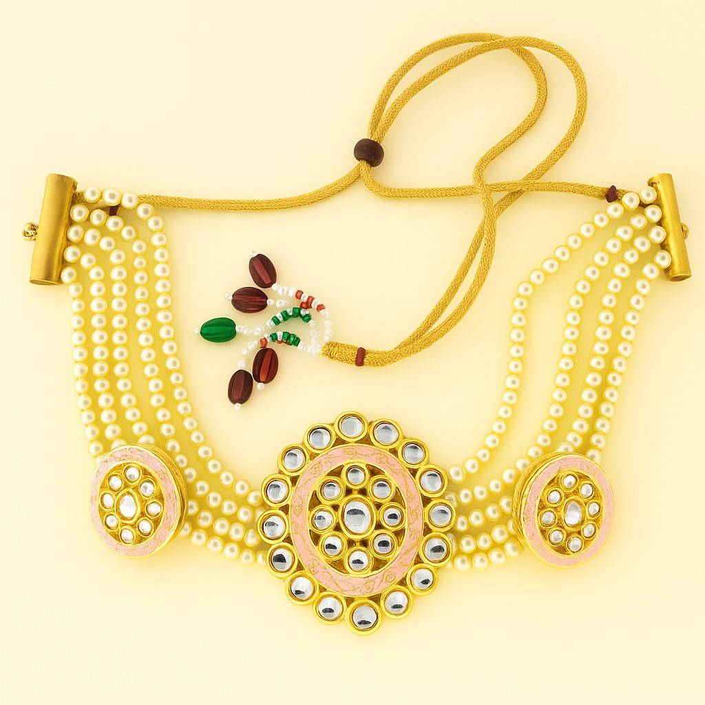 Pearl Kundan Choker Necklace | Handcrafted Pink Enamel Beaded Choker