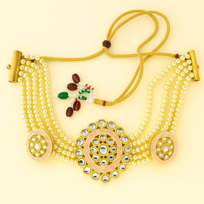 Pearl Kundan Choker Necklace | Handcrafted Pink Enamel Beaded Choker
