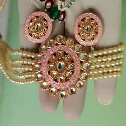 Pearl Kundan Choker Necklace | Handcrafted Pink Enamel Beaded Choker