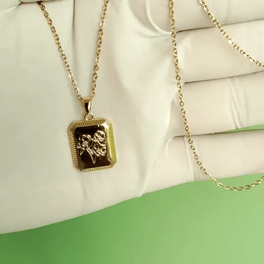 Floral Rectangle Pendant Necklace | Elegant Gold-Tone Chain