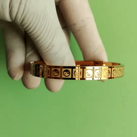 Yin-Yang Engraved Gold-Tone Bangle | Symbolic Minimal Bracelet