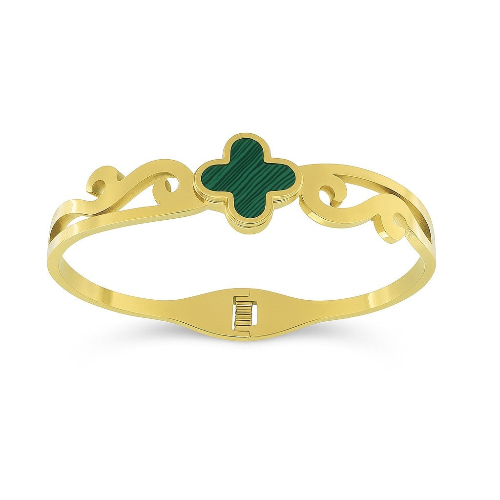 Four-Leaf Clover Gold-Tone Bangle | Elegant Lucky Charm Bracelet