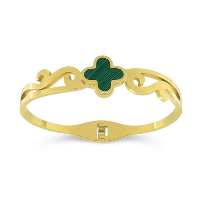 Four-Leaf Clover Gold-Tone Bangle | Elegant Lucky Charm Bracelet