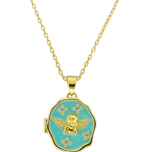 Angel Wings Turquoise Gold-Tone Locket Necklace | Divine Enamel Pendant