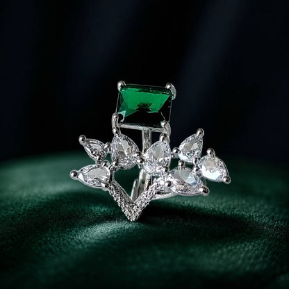 Adjustable Emerald Green Stone Designer AD Ring