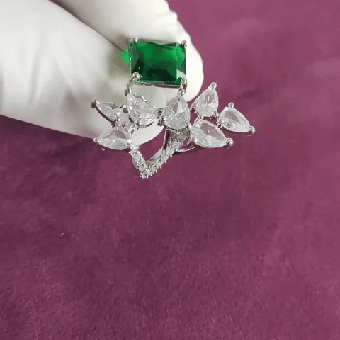 Adjustable Emerald Green Stone Designer AD Ring