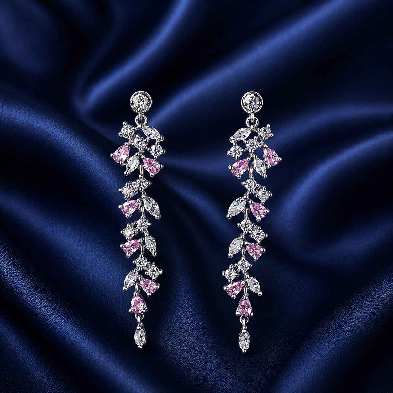 Pink Floral AD Long Earrings