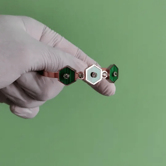 Gold-Tone Hexagon Green Enamel Bracelet with Sparkling Stones