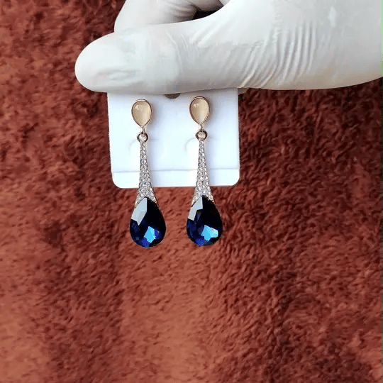 Elegant Teardrop Blue Crystal Earrings with Golden Finish