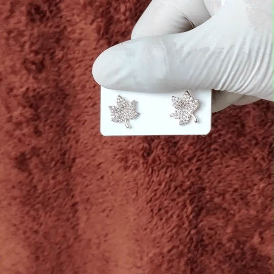 Golden Maple Leaf Stud Earrings with Sparkling CZ Stones