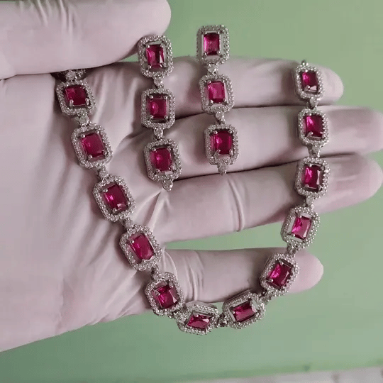 Red American Diamond Necklace Set with Earrings – Silver-Tone Bridal Jewelry