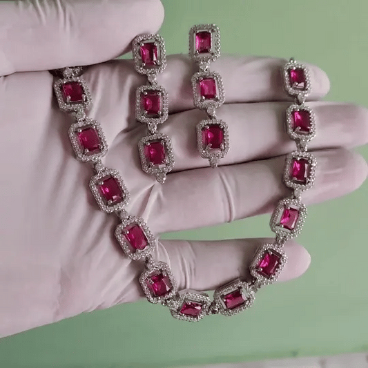 Red American Diamond Necklace Set with Earrings – Silver-Tone Bridal Jewelry