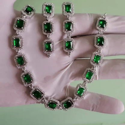 Green American Diamond Necklace Set with Earrings – Silver-Tone Bridal Jewelry