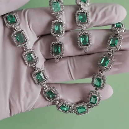 Green American Diamond Necklace Set with Earrings – Silver-Tone Bridal Jewelry