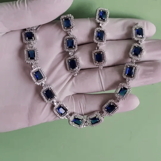 Elegant Blue Stone Necklace Set with American Diamond Accents – Premium Party & Bridal Jewelry
