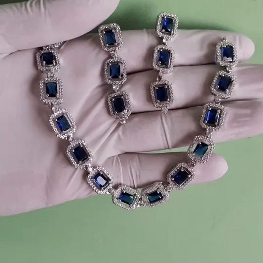 Elegant Blue Stone Necklace Set with American Diamond Accents – Premium Party & Bridal Jewelry