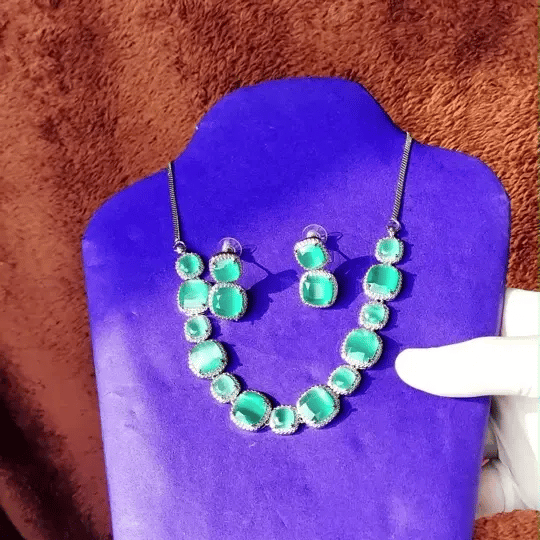 Luxury Green Stone Necklace & Earrings Set with American Diamonds – Silver Tone Bridal Jewellery
