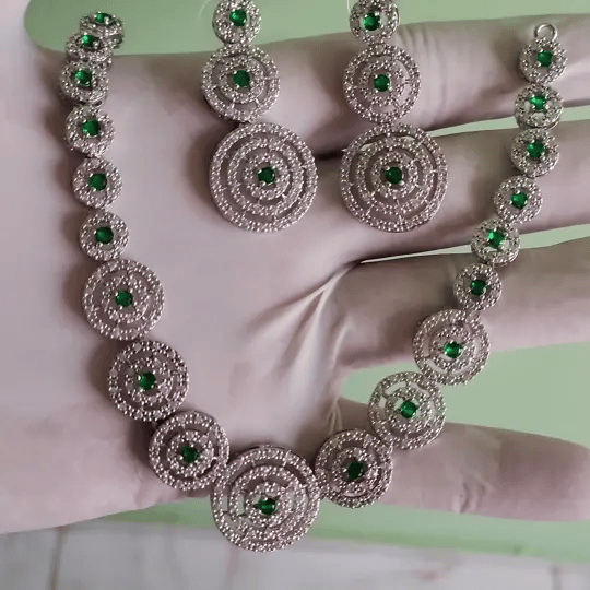 Elegant Green Stone & American Diamond Circle Necklace Set with Earrings – Statement Jewelry
