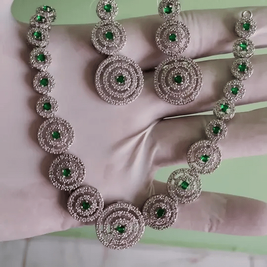 Elegant Green Stone & American Diamond Circle Necklace Set with Earrings – Statement Jewelry